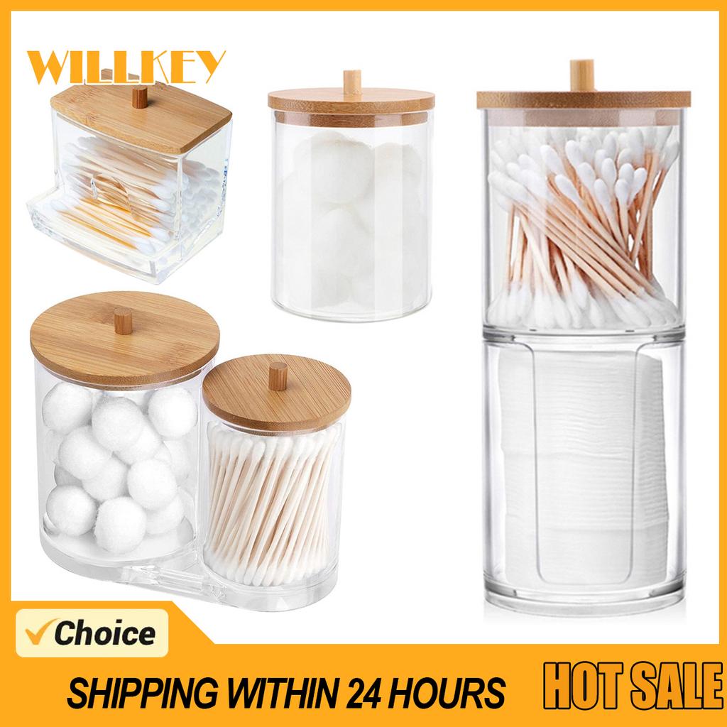 Bathroom Acrylic Storage Box Jar Makeup Organizer Cotton Round Pad Holder Cotton Swab Box Qtip Holder Dispenser with Bamboo Lid