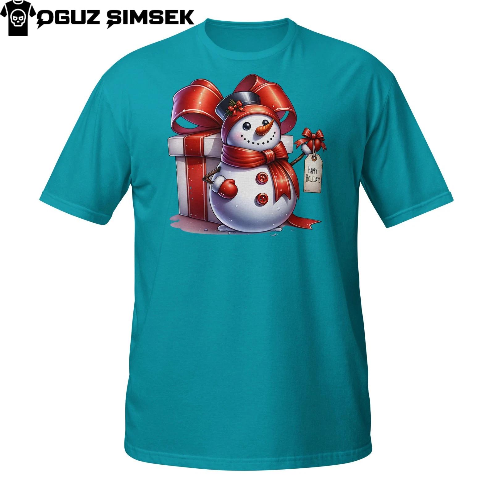 Festive Snowman T-Shirt Mens Womens Tees Top – Merry Xmas Present and Red Ribbon Design XL