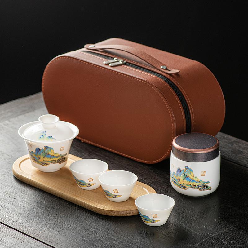 Suet Jade White Porcelain Travel Kung Fu Tea Set Outdoor Portable Simple Teapot Ceramic Tea Set Gift Box