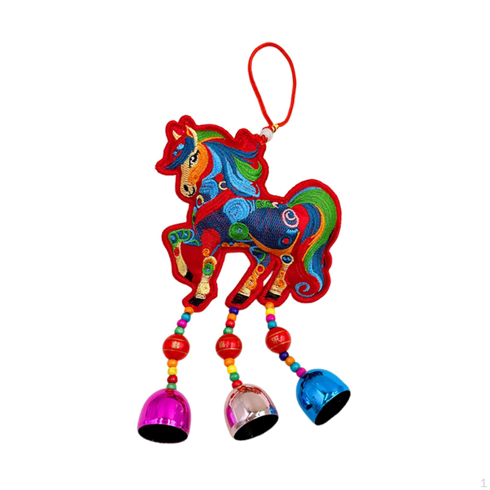 

Car Rearview Mirror Decoration, Horse Ornament for Chinese Year, Spring Festival, Bells_Red Embroidery