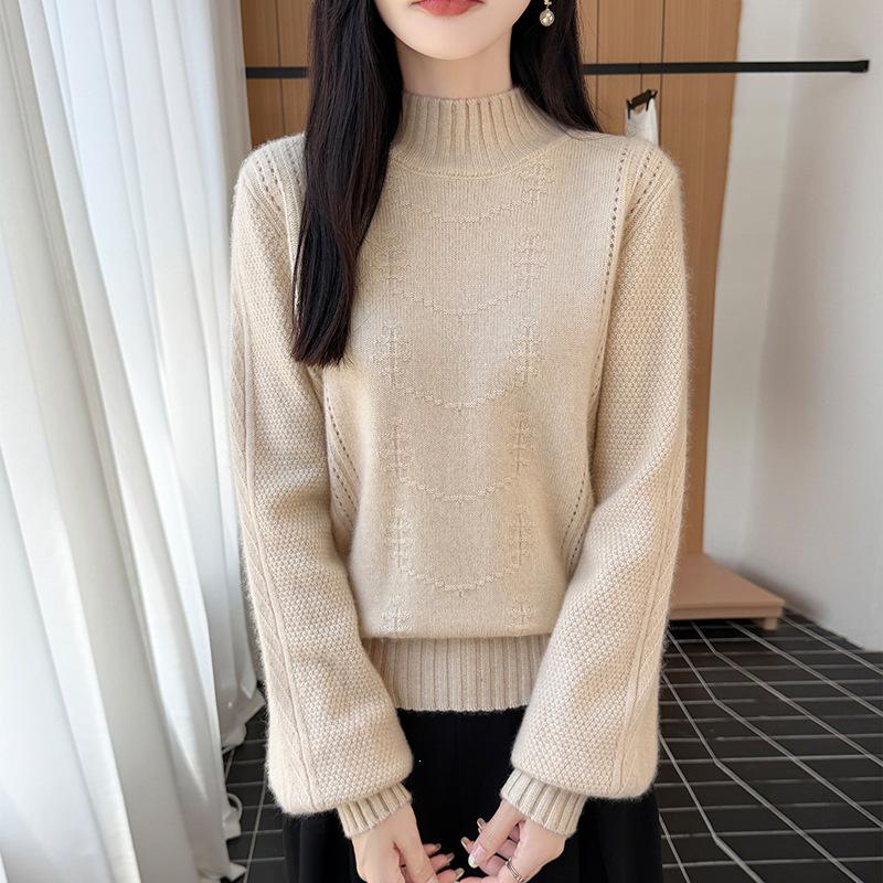 2026 Autumn/Winter Pure Wool Thickened Knitwear: Women's Long Sleeve Hollow Sweater with Half-High Collar