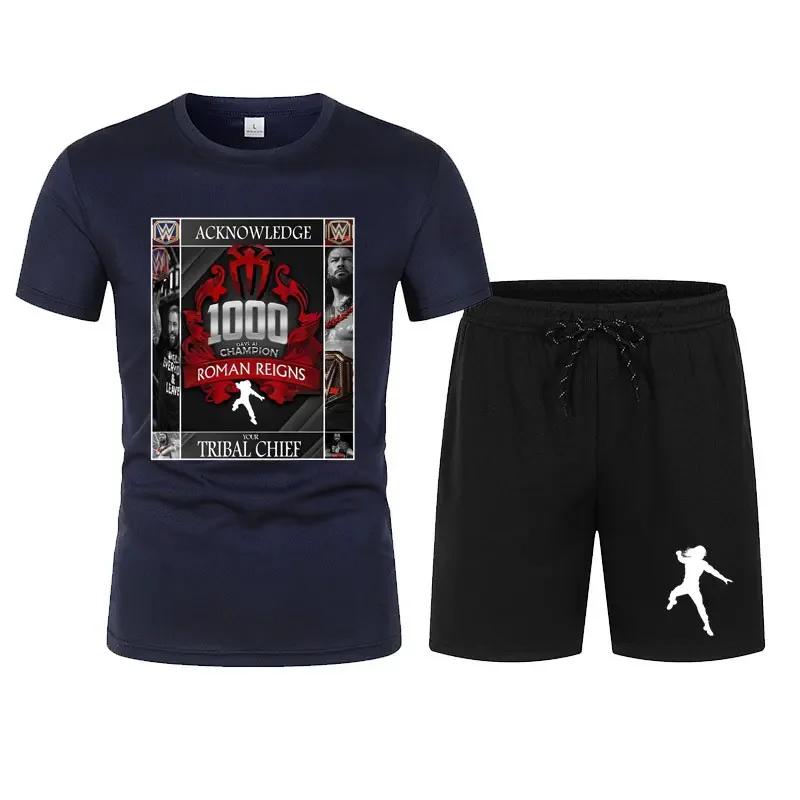 Bărbați's Black Roman Reigns Levels Above T-shirt Shorts Set de vară cu mânecă scurtă Bărbat Overiszed costume Seturi de îmbrăcăminte la modă noi