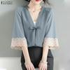 ZANZEA Women Casual V-Neck Lace Splice 3/4 Sleeve Blouse