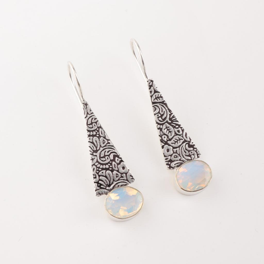 Natürlicher Milchopal Edelstein 925 Sterling Silber Schmuck Handgefertigte Ohrringe 1.9" EE-165-20