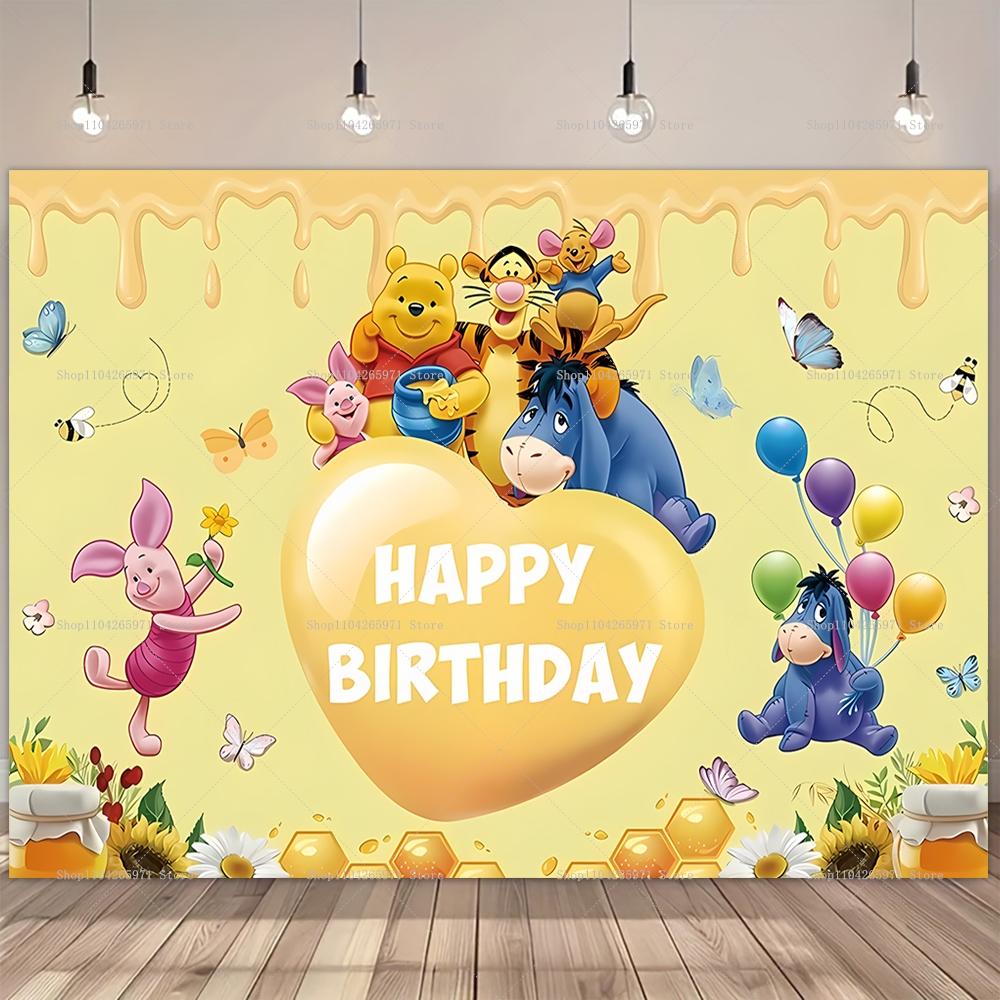 Winnie The Pooh Backdrop Kids Birthday Decoration Background Bear Friend Tiger Vinyl Polyester Photography Decor Props