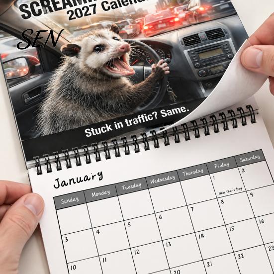 Funny Animal Monthly Planner Screaming Opossums Wall Calendar 2027, Possum Photography with Novelty Gift for Friends 12 Month Layout And Thick