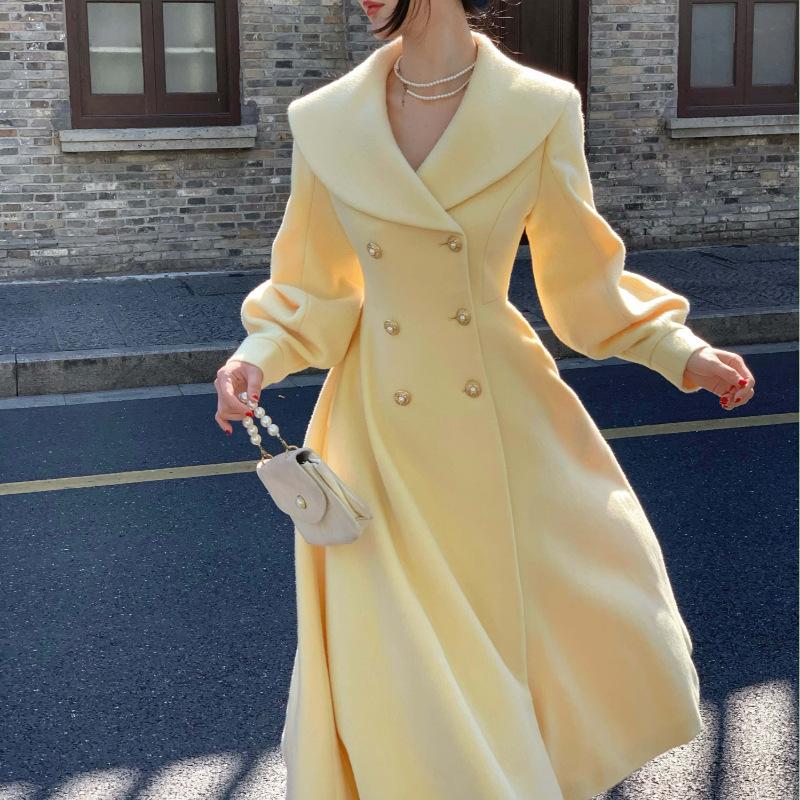 New French Retro Small Fragrance Style Large Lapel Woolen Coat Lantern Sleeve Long Sleeve Double-breasted Coat