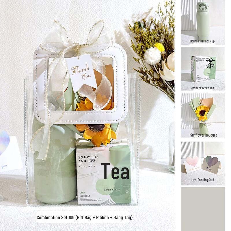 Thermos Gift Set with Tea and Flowers 106 Thermos Cup, Tea & Flower Bouquet
