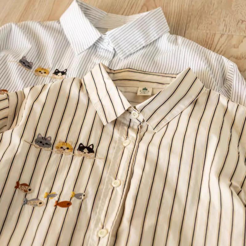 Spring 2026 Trendy Cartoon Cat Embroidered Striped Long Sleeve Lapel Shirt for Women