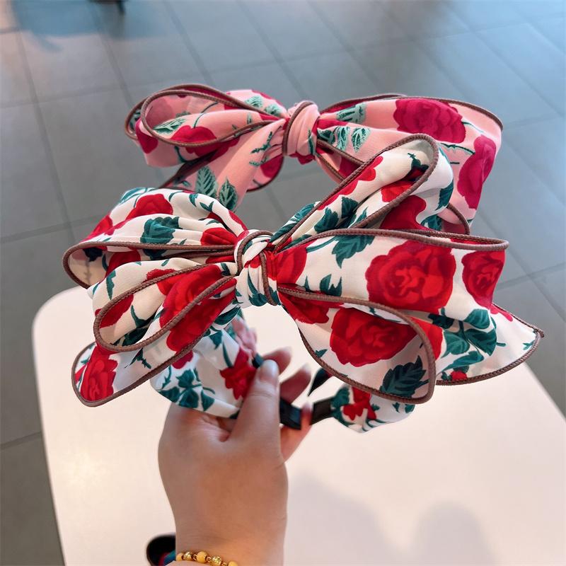 Kvinner Jenter Vakkert Roseblomst Trykk Hårbånd med Stor Sløyfe i Midten Moteabel Kvinne Fest Utendørs Hårtilbehør
