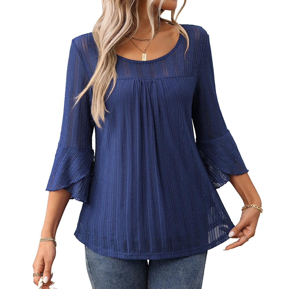 

Elegant and Fashionable Round Neck Ruffle Sleeves Sparkling Mesh Top Women s T-shirts S тёмно-синий