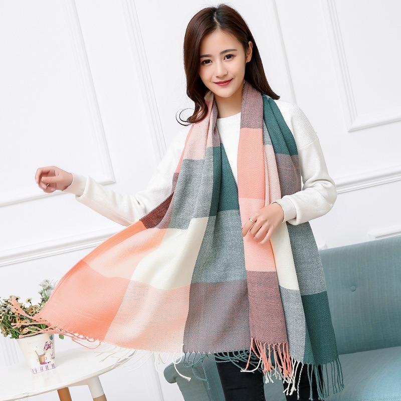 Autumn and winter warm plaid scarf women's imitation cashmere fringed student new shawl scarf