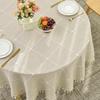Lattice Embroidery Round Tablecloth Cotton Linen with Tassel for Kitchen Dining Party Tabletop Picnic Wedding Decor Table Cover