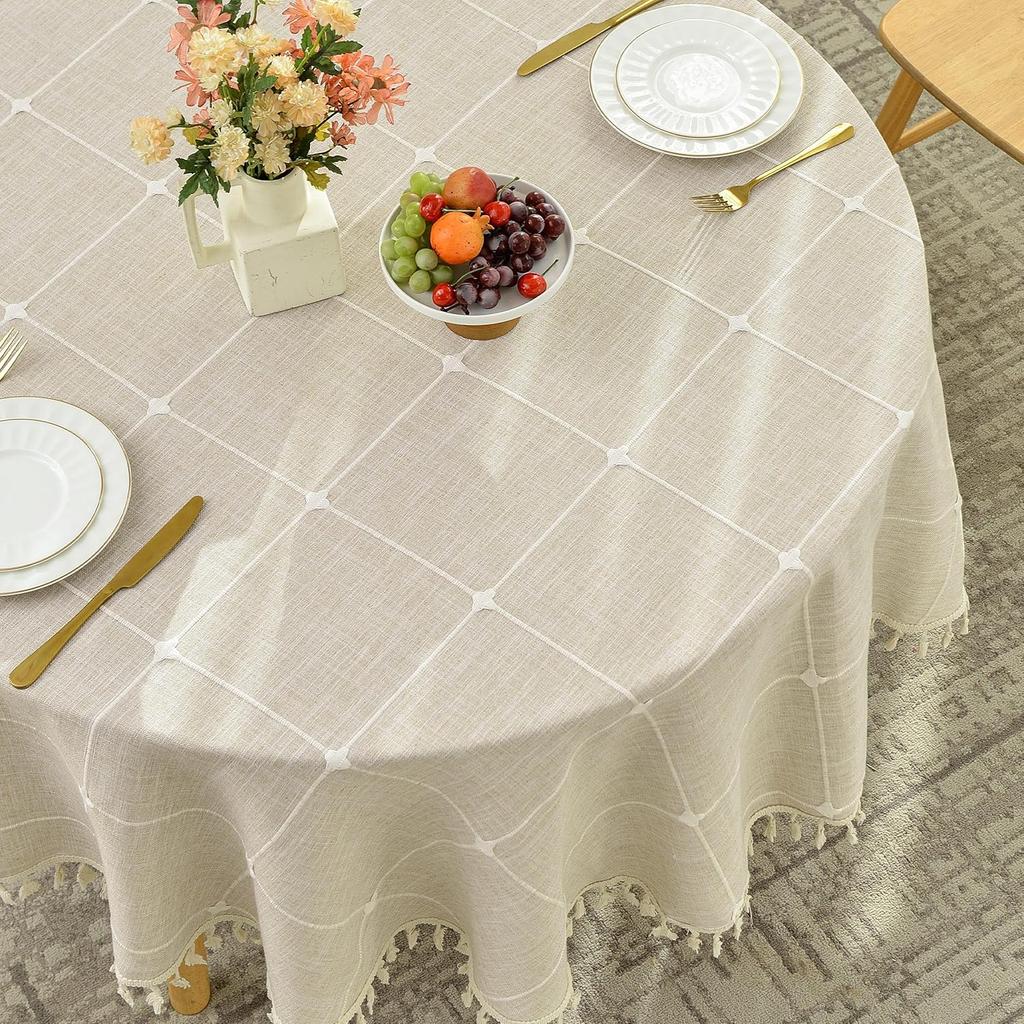 Lattice Embroidery Round Tablecloth Cotton Linen with Tassel for Kitchen Dining Party Tabletop Picnic Wedding Decor Table Cover