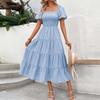Women's Color Square Neck Backless Short Puff Sleeve Pleated Dress