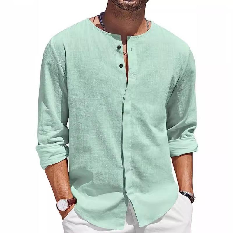Foreign trade men's cotton and linen shirt long-sleeved T-shirt button-neck casual beach shirt