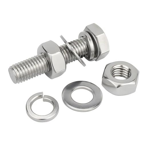 Stainless Steel M8 Hex Bolts, Fully Threaded, Hex Thread Bolts, Nuts, Flat Lock Washers Kit (M8x20mm, 10-Pack)