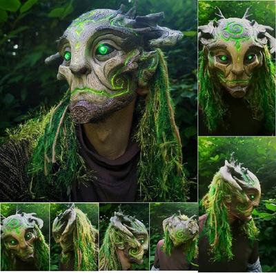 Máscara de látex de espíritu del bosque de Halloween, máscara de mascarada de atmósfera de terror, máscara de elfo verde, accesorios de cosplay de Halloween, decoración