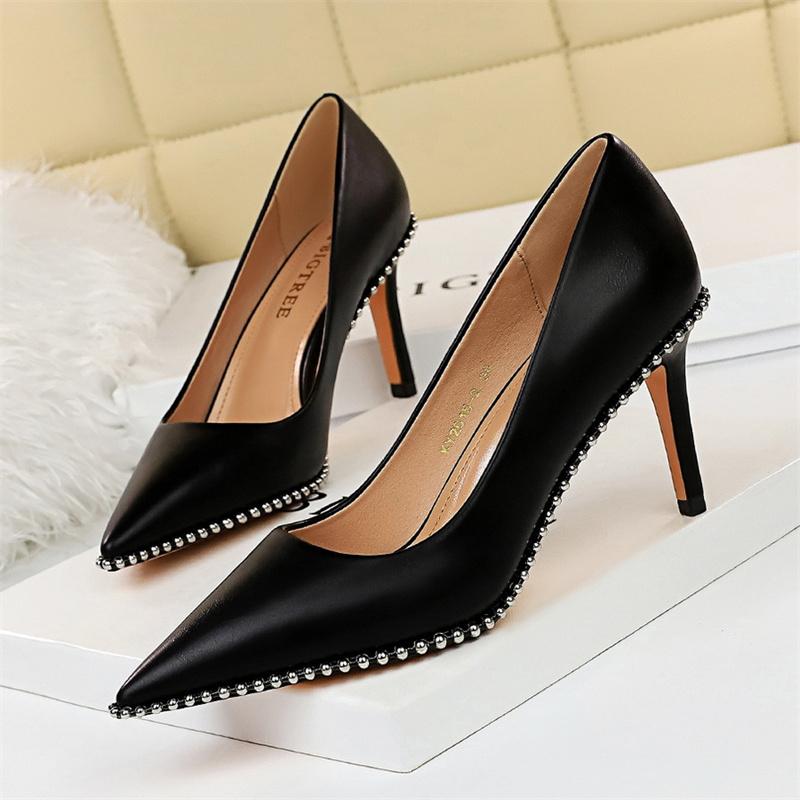 Fashion Summer Shallow Mouth Pointed Toe Rivets String Bead Women Pumps Thin High Heels Elegant Office Leather Party Single Shoes