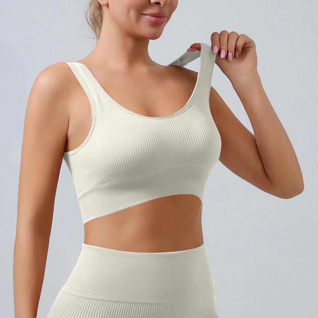 Women’s Ribbed Seamless Sports Bra Scoop Neck Wireless Stretchy Fitness Crop Top for Yoga Pilates Gym Workout