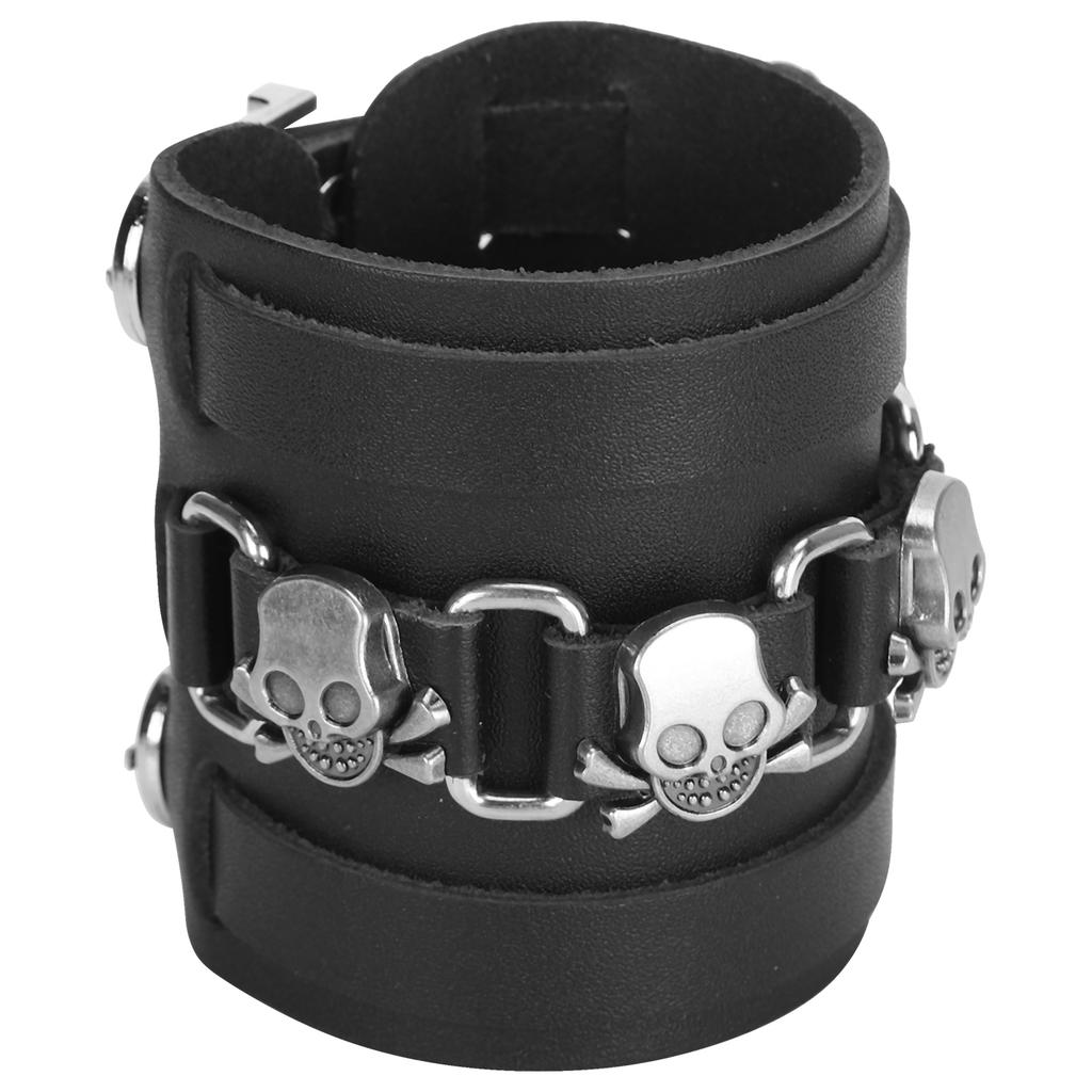 Braided Bracelet Split Leather Adjustable Pin Buckle HandMade Vintage Skull Wrist Cuff Jewelry(Black )