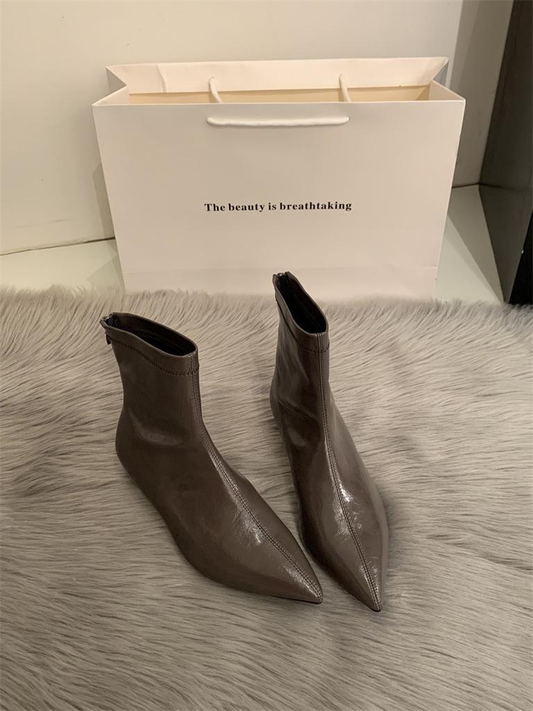 Black high-heeled short boots women's 2025 autumn and winter single boots and bare ankle boots soft leather small heel pointed French thin heel thin 