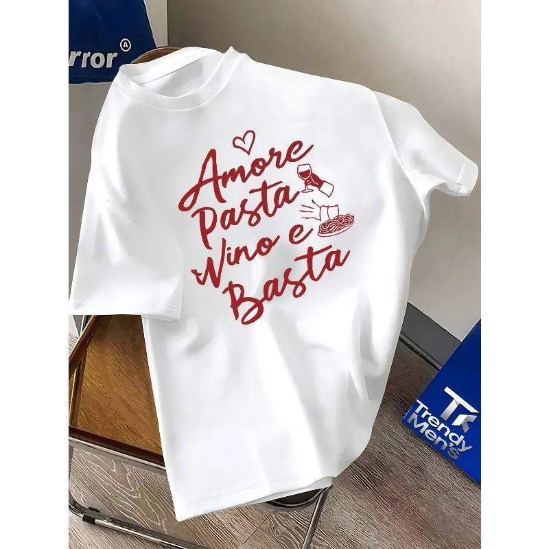 Men'S Vintage Round Neck Breathable Summer Casual Print T-Shirt Featuring The Phrase "Amoré Pasta Wino E Basta" Along with Food Elements