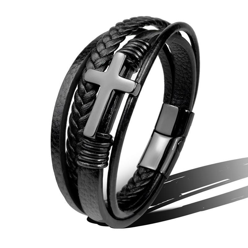 Charm Stainless Steel Leather Cross  Brown/black Bracelet Men Hiphop Jewelry Magnetic Clasp Mutilayer Male Cuff Wrap Bangle Gift