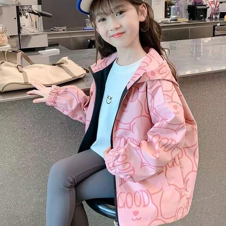 

2025 Девичья двусторонняя ветровка на весну и осень - Модное повседневное пальто для маленьких девочек Size 110 for height ~100cm