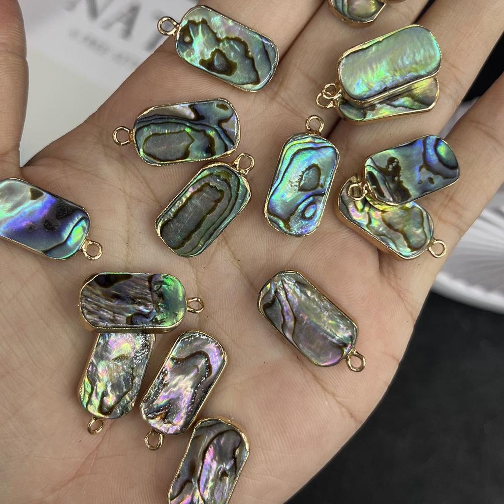 1Pc, Natural Abalone Shell Rectangle Pendant Iridescent Golden Trim Charms for DIY Boho Jewelry Making Necklace & Earrings