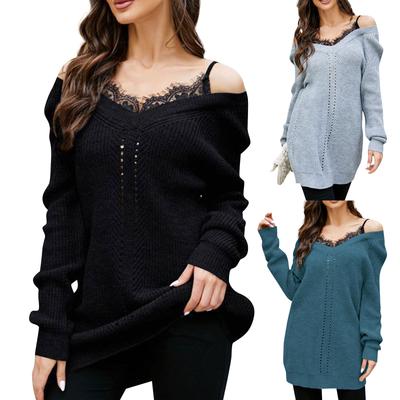 Lace Splicing Pullover V-Neck Sweater Women's Fashion Loose Fake Two Piece Top Knitwear