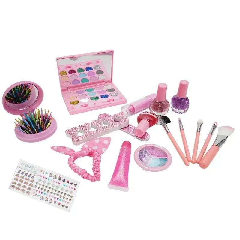 Girls Princess Makeup Kit Washable Pretend Cosmetics Toy Set with Nail Polish Eyeshadow Glittery Bag Gift for Kids Ages 3-6