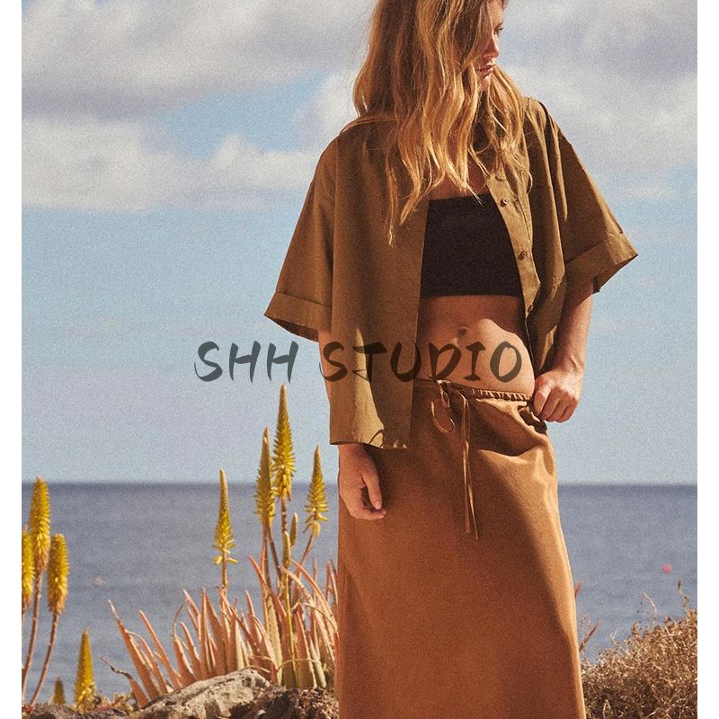 Spring and Summer New Women clothes Pleated Decorative Pocket Decoration Poplin Cotton Short sleeve Shirts Top 4764025