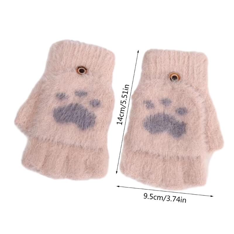 Cartoon Plush Cats Paw Fingerless Mittens with Flip Top Winter Knitted Gloves Stretchy Soft Mitten Elastic Warm Mitte