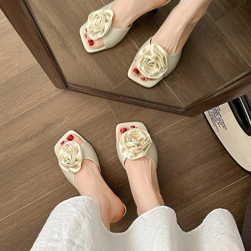 Square head one-word drag new summer new flower temperament sandals with skirt high-heeled slippers