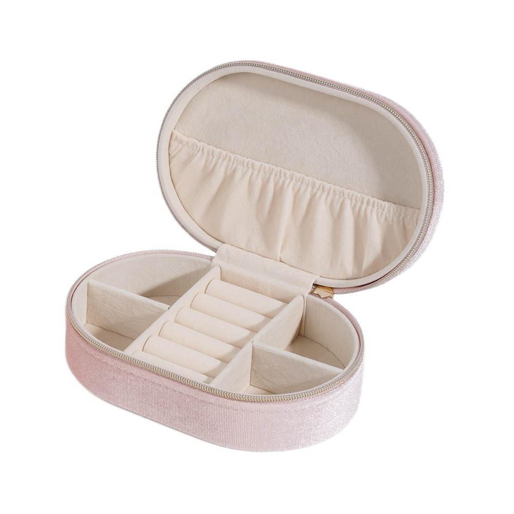 

Velvet Jewelry Zipper Box Single Layer Necklace Earring Organizer Portable Oval Jewelry Box Ring