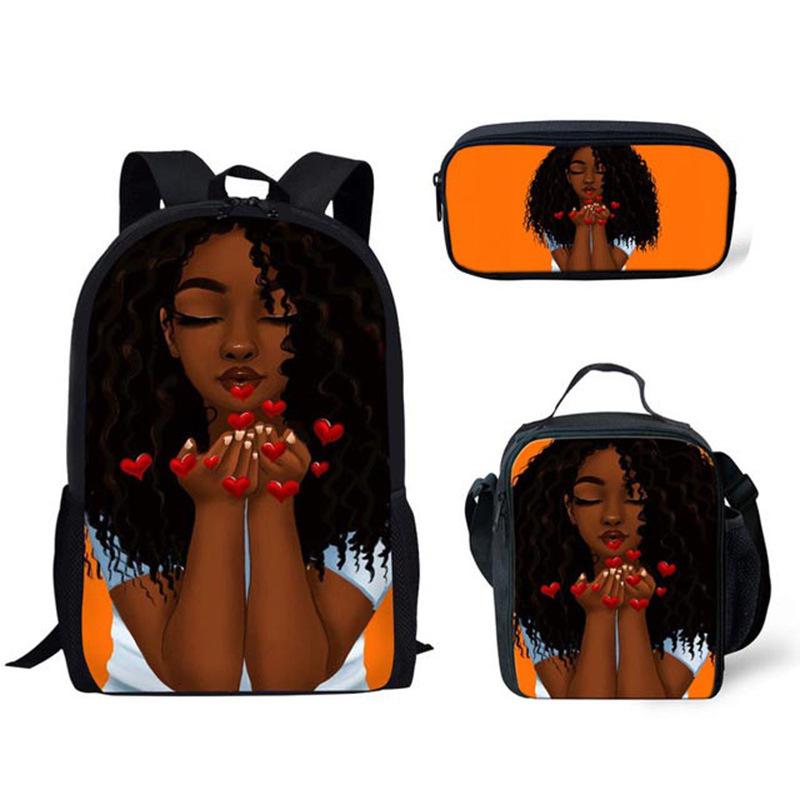 Classic Popular Novelty Cute African girl 3D Print 3pcs/Set pupil School Bags Laptop Daypack Backpack Lunch bag Pencil Case