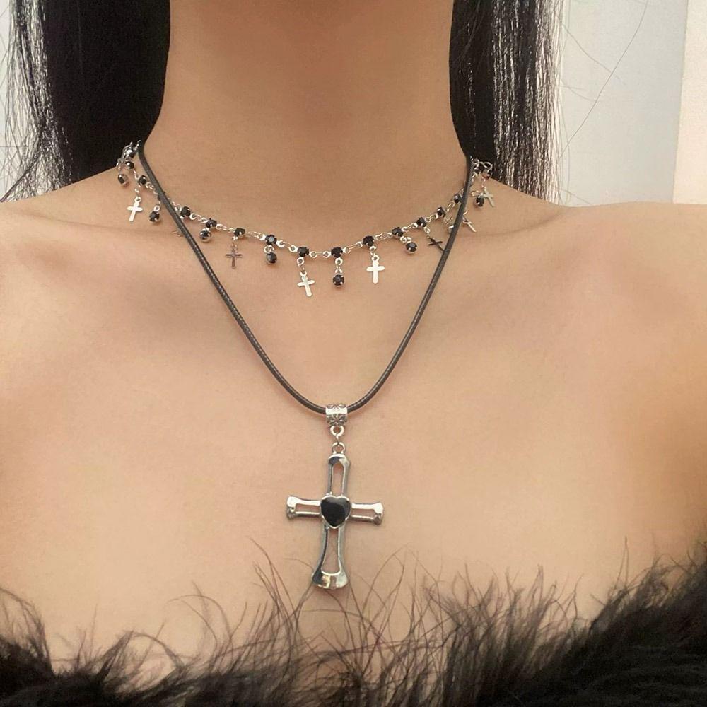 Gothic Cross Pendant Choker Necklace Heart Double Layer Necklace Rhinestone Necklace  Girls