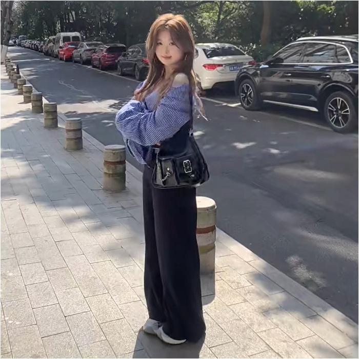 

Spring retro contrasting color one-word shoulder splicing long-sleeved shirt college girl casual wide-leg pants two-piece suit S