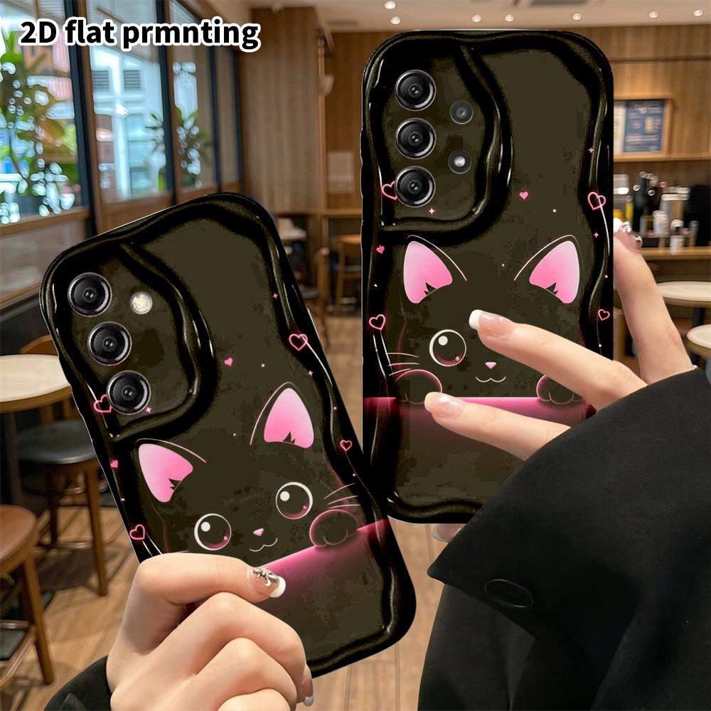 Phone Case: 2D Flat Samsung Galaxy A34 A35 S20 S22 S21 FE Plus Ultra Protective Case, Cute Little Black Cat with Pink Glow, Christmas and Halloween Gi
