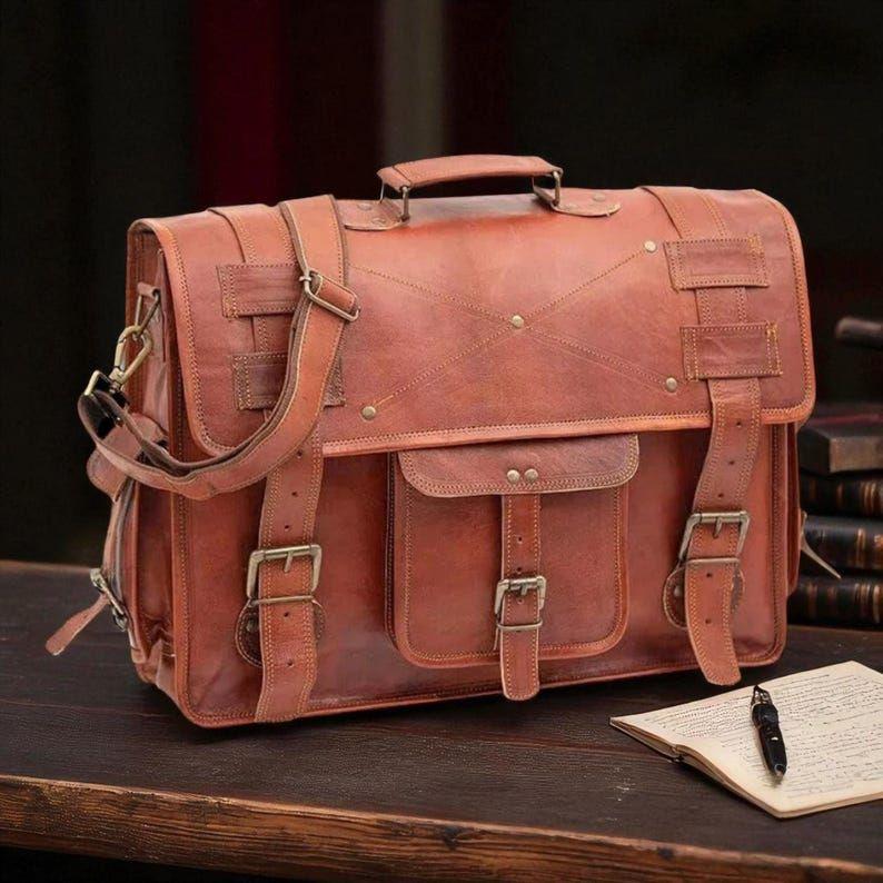 

Винтажная кожаная сумка-мессенджер ручной работы – Портфель-сатчел из кожи полного зерна с несколькими карманами, регулируемыми ремнями и холщовой подкладкой 16 x 12 x 5 in