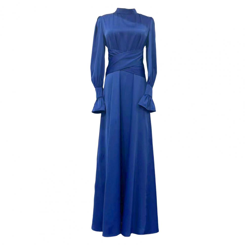 Fall Spring Lady Dress Puff Sleeves Tight Waist Stand Collar Pure Color A-line Pleated Shopping Commuting Party Prom Maxi Dress