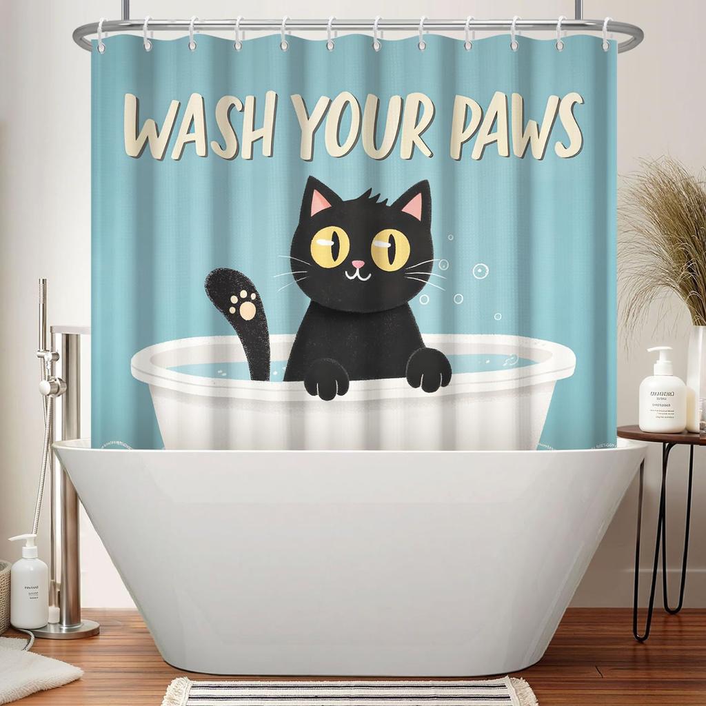 Waterproof Fabric Shower Curtain-Cute Black Cat Animal Print Bathroom Curtain for Kids, Funny Bath Curtain with Hooks Bathroom