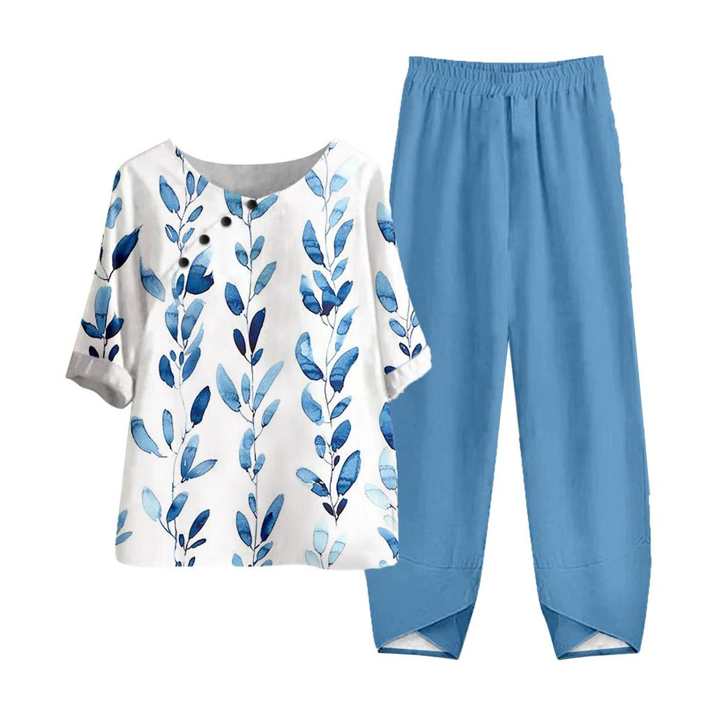 Women's Summer Half Sleeve Printed Tops Elastic Waist Nine Piece Pants Two Piece Set