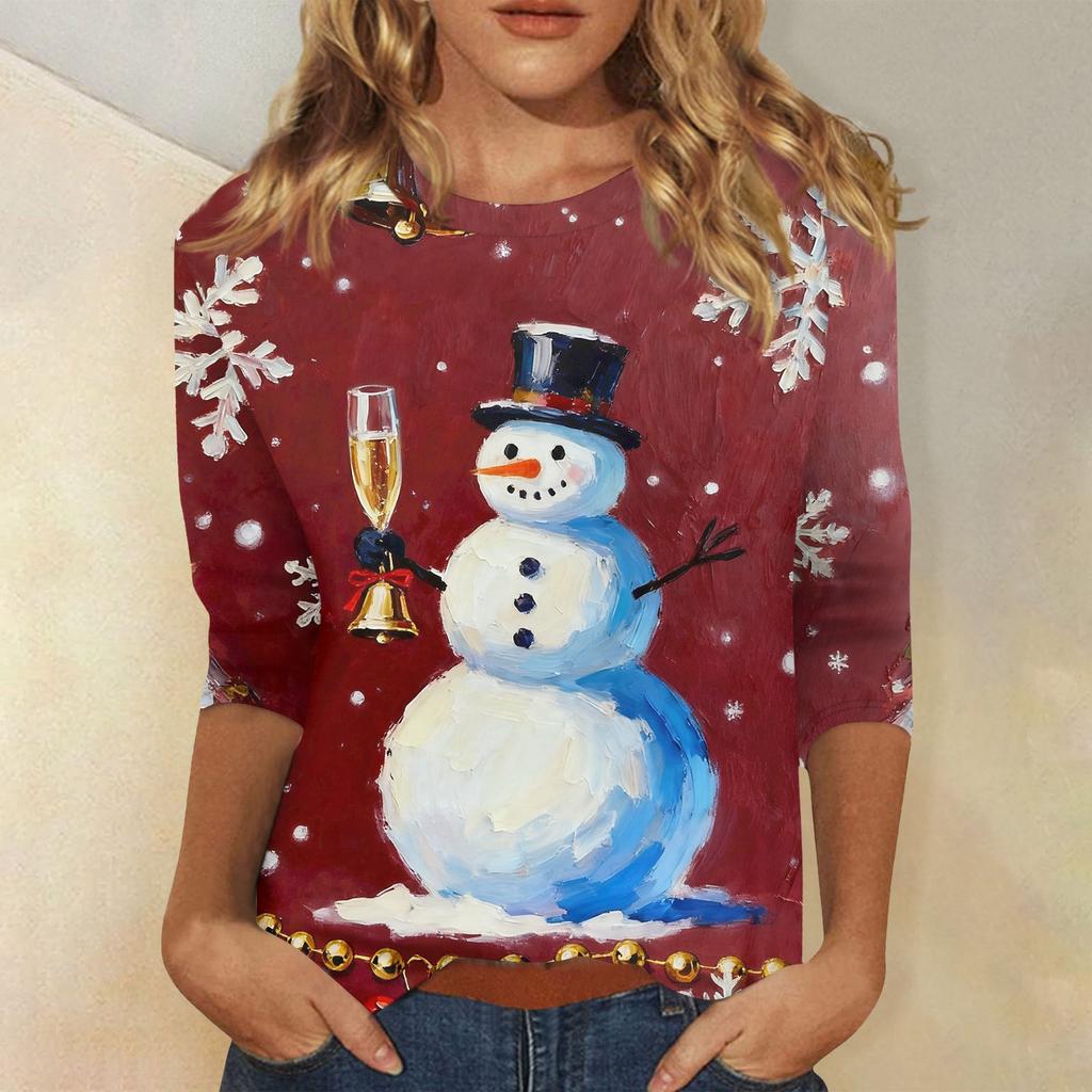 3/4 Sleeve Shirts For Women Print Christmas Tees Blouses Casual Plus Size Basic Tops Pullover