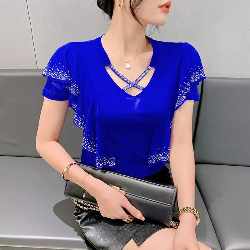 

Женские повседневные топы с круглым вырезом и V-образным вырезом на весну и лето с оборками S синий