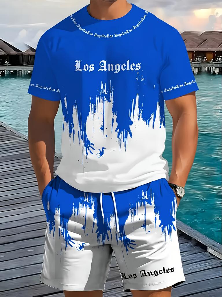Men 2Pcs Los Angeles Letter Print T-shirt Shorts Set Summer Casual Outfit