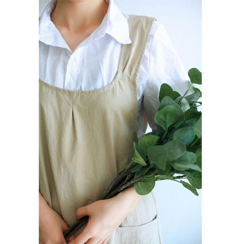 Women Cotton Linen Cross Back Apron with Pocket Simple Pattern Cotton Apron Comfortable Cotton Apron for Women Girl
