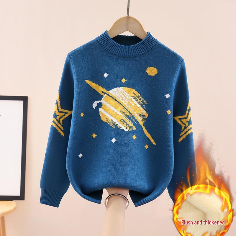 Boys' Fleece-Lined Round Neck Korean-Style Sweater: Thick Knitwear for Autumn and Winter