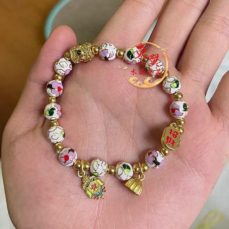 White & Color Cloisonné Lotus Pod Lucky Bead Bracelet with Ash Glass & Gold Foil